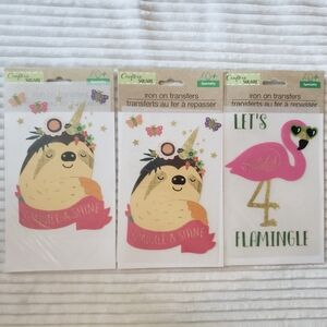 FREE w/ Purchase Crafters Square Fun Sloth & Flamingo Iron-On Transfers 3 pk New